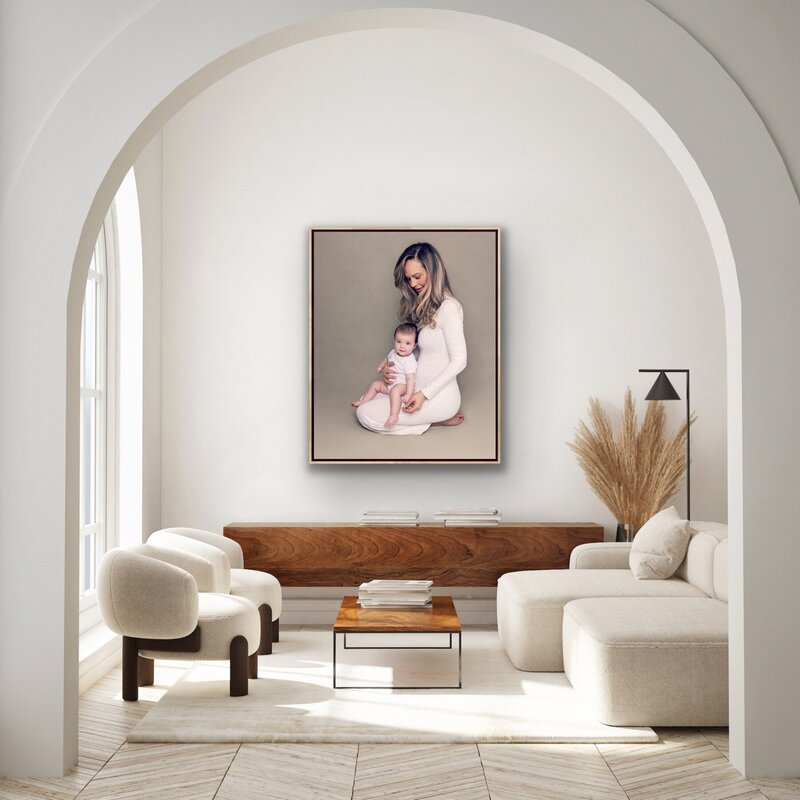 Earthy room with mother and baby portrait hanging on the wall