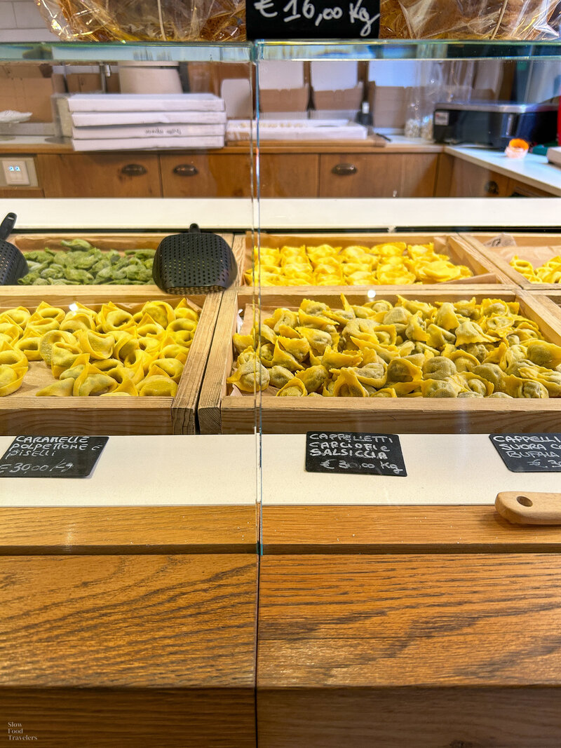 Dried pasta for take away at Sfoglia Rina in Bologna, Italy