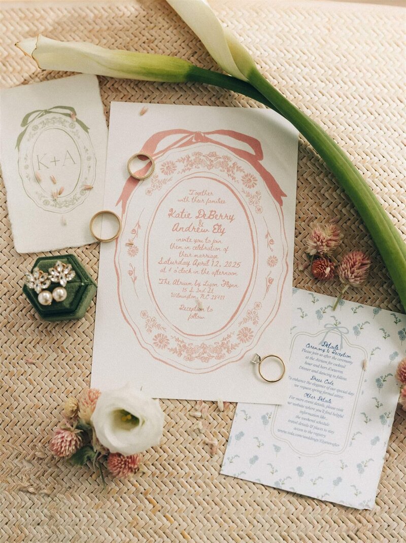 Invitations, rings and pearl earrings lay on a mat with white and pink flowers