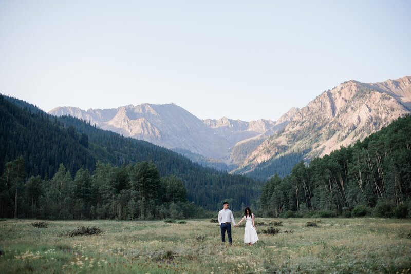 Couple holds hands in a field with mountains and wildflowers in Colorado Mountains
