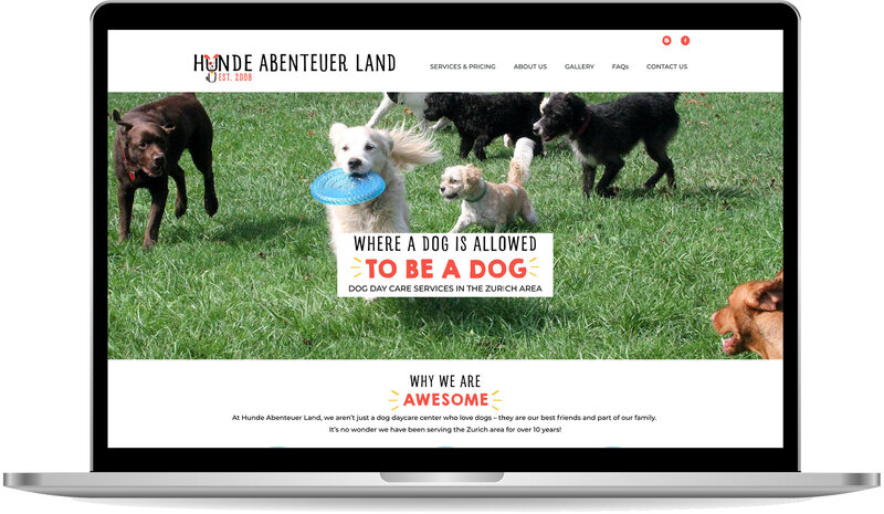 playful & fun logo design orange & blue web design for dog daycare based in Zurich, Switzerland