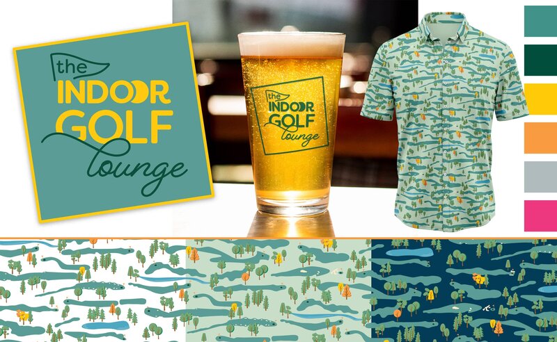 A friendly, welcoming logo in teal, yellow, and dark green. A brand pattern made of golf holes from different courses.
