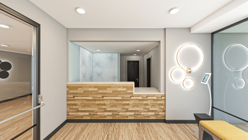 3D Rendering of hotel registration desk for Echo Suites by Wyndham
