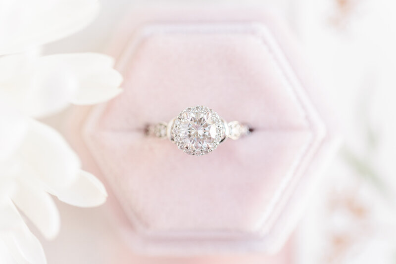 Northeast Ohio Wedding Photographer Wedding Detail Engagement Ring velvet pink ring box light and airy photographer