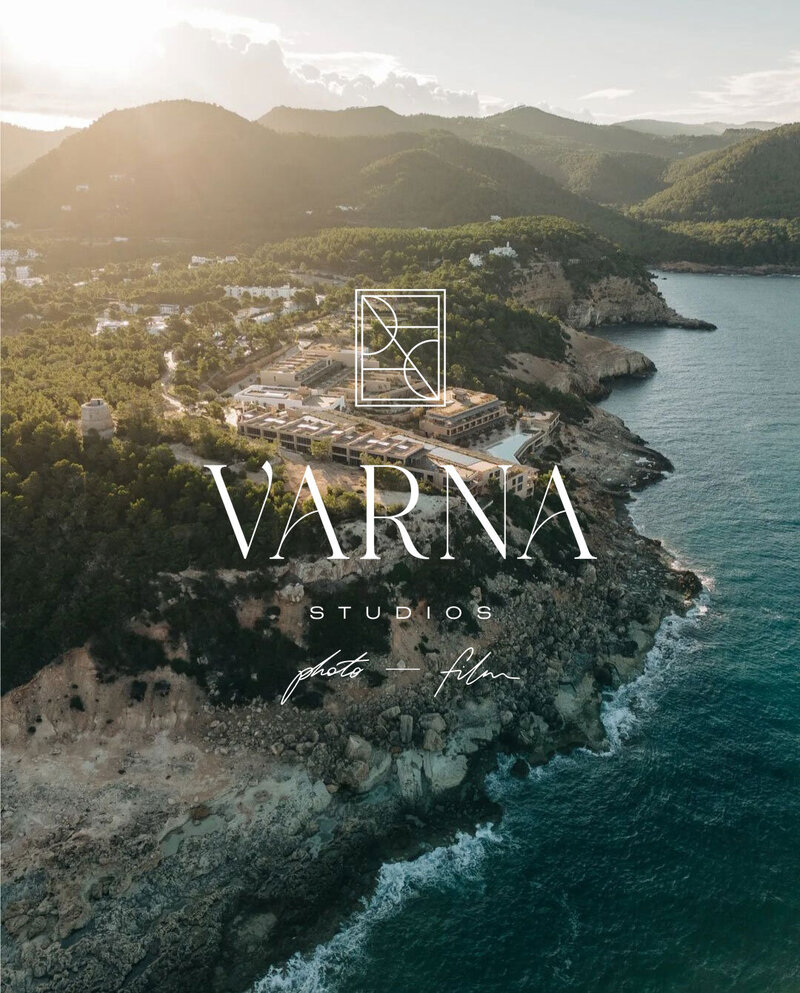 Luxury brand design for destination wedding photographer in Europe with logo mockup over aerial coastline photo