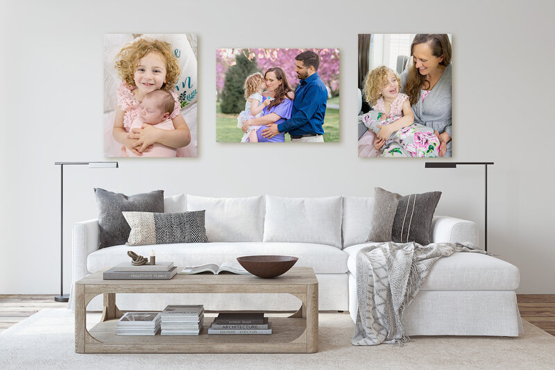 A living room displaying portraits of a Northern Virginia newborn session.