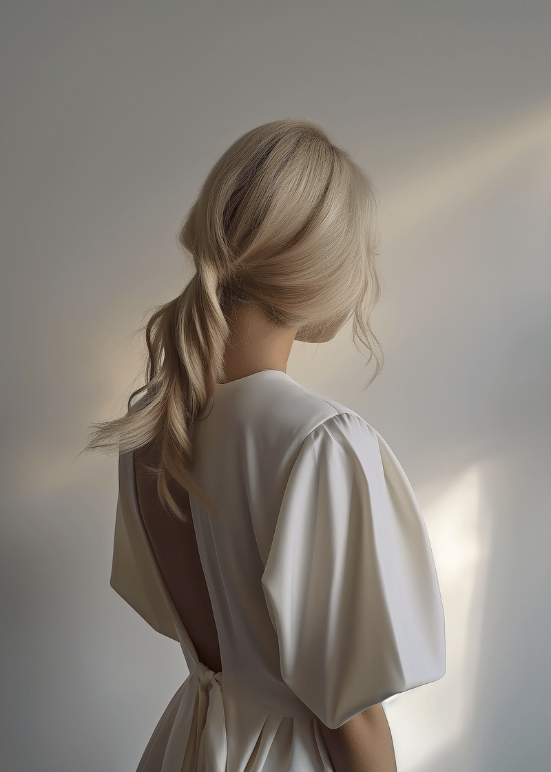 A blonde woman in a silk white dress from waist up, perspective from side profile behind