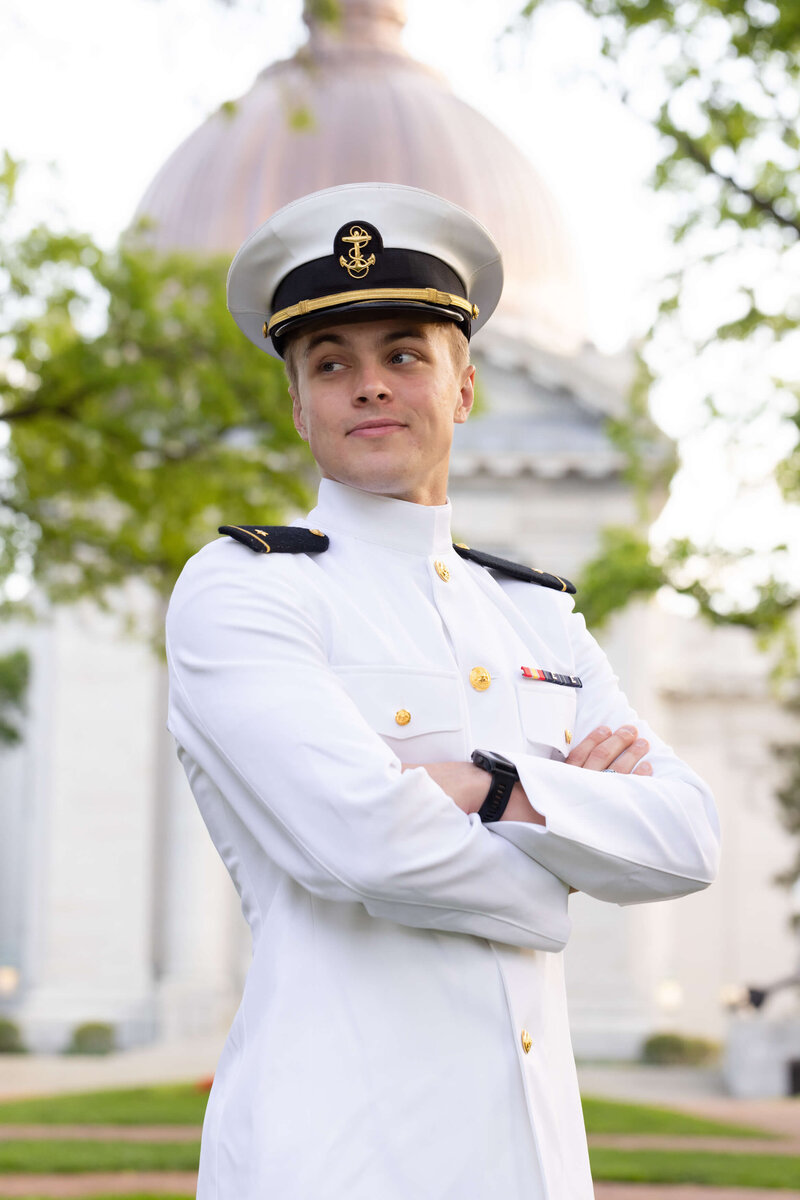USNA Midshipman senior portrait at the Naval Academy chapel dome by Kelly Eskelsen Photography.