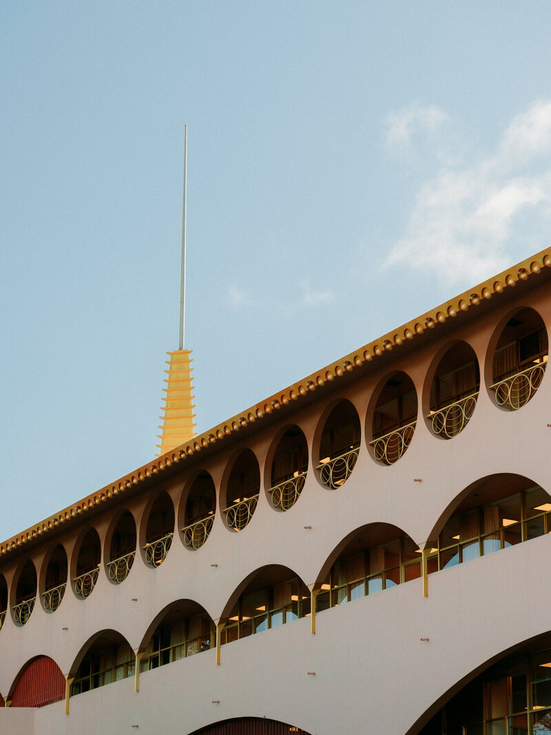 Exterior view of Marin Civic Center arches and spire, courthouse architecture.