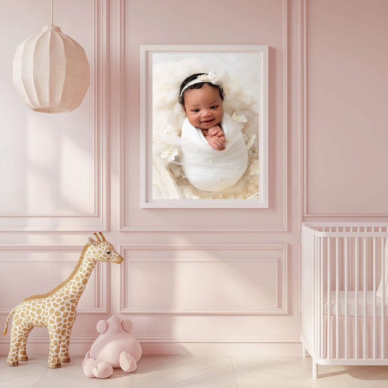 Pink baby girl nursery art captured by Fine Art Brooklyn Newborn Photography
