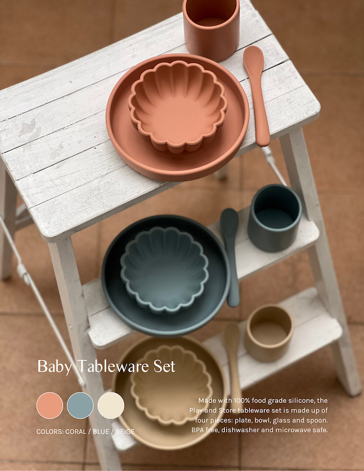Product catalog design featuring muted color orange, blue and beige baby table ware set