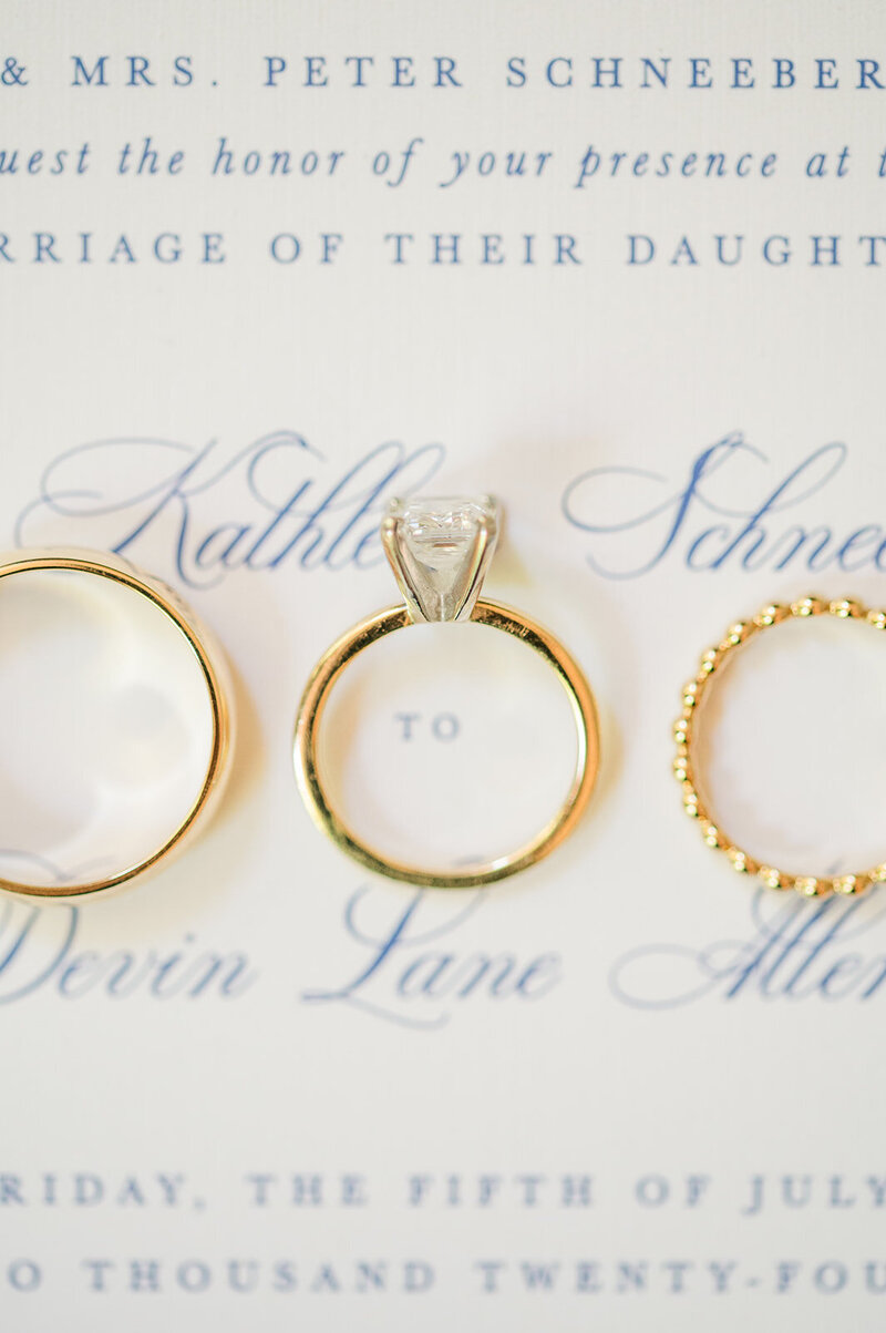 wedding rings laying on top of a wedding invitation