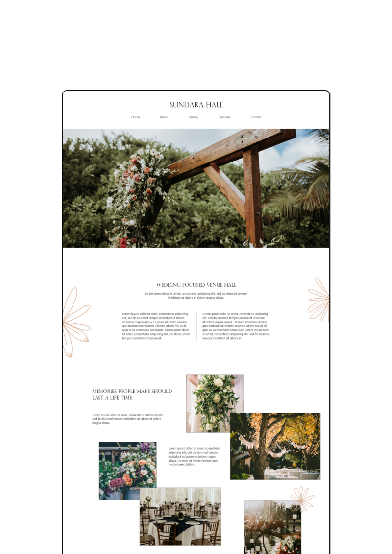 Display of the Sundara Hall's website home page designed with a elegant feel.