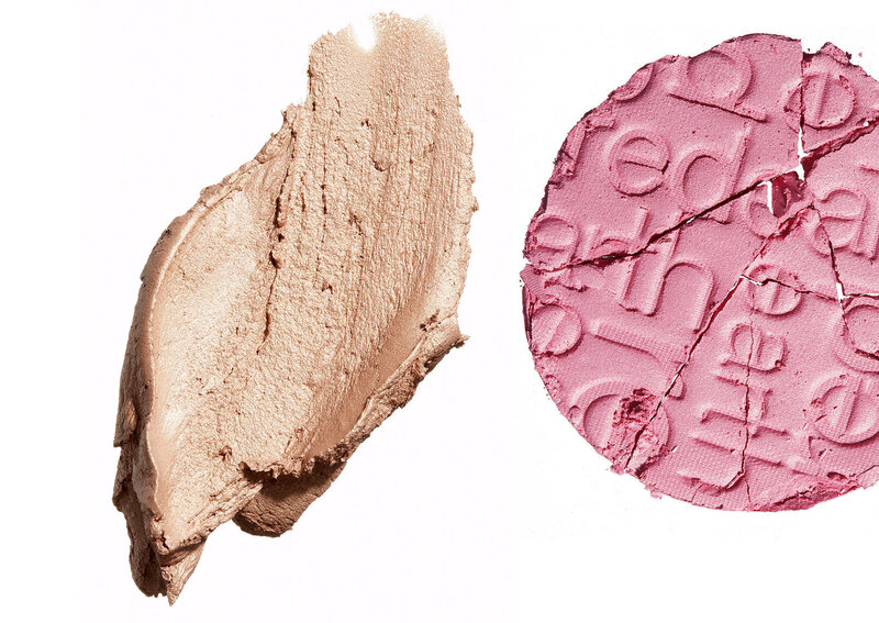 Two cosmetic swatches, one in a creamy beige and the other in pink, showcasing product textures, photographed by Ylva Erevall.