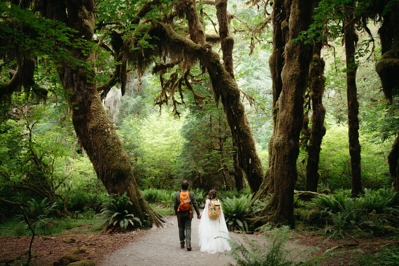 A wedding hike in the forest, bride and groom are holding hands with backpacks that say "just married"