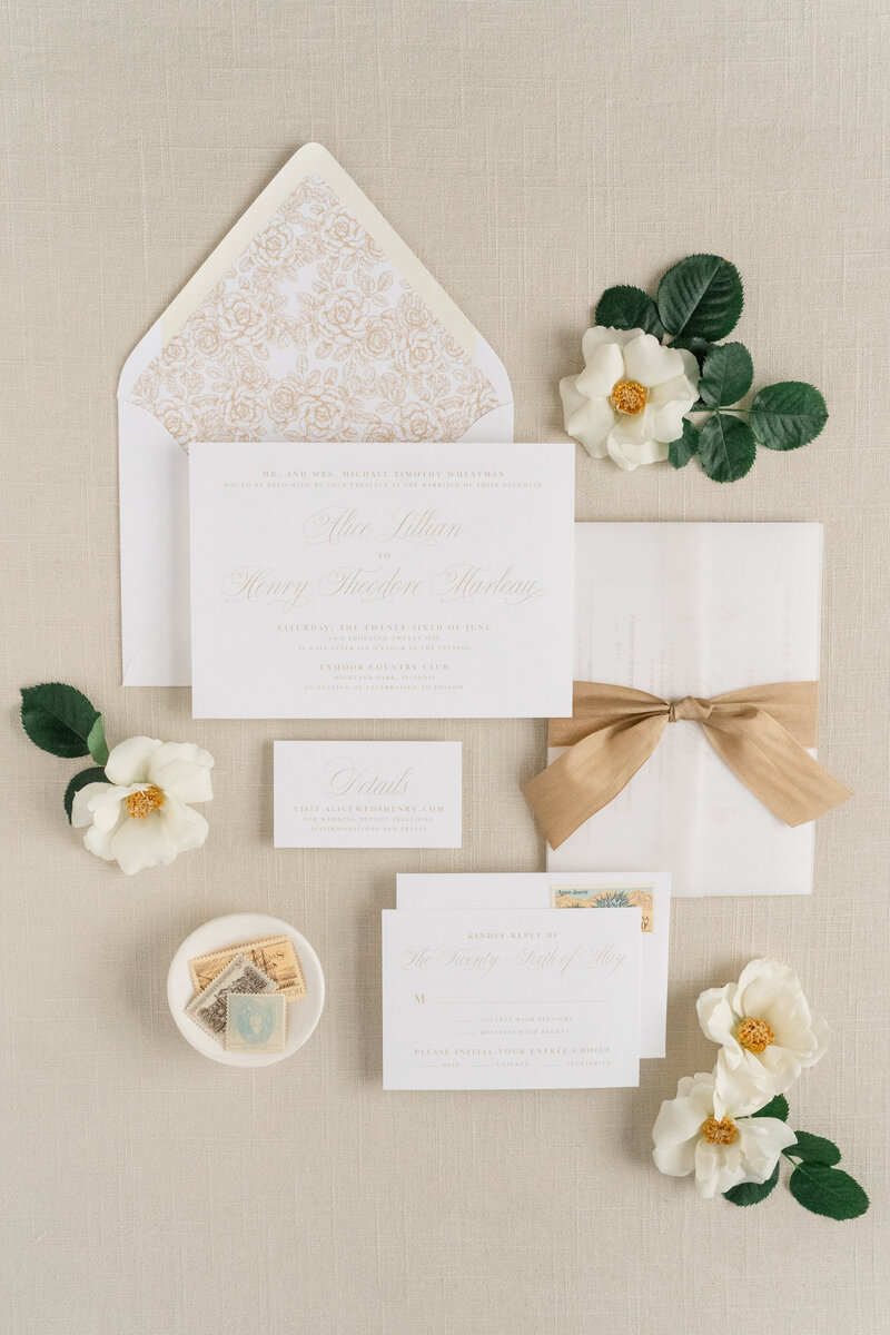 White and Gold Semi-Custom Wedding Invitation with Vellum and Silk Ribbon