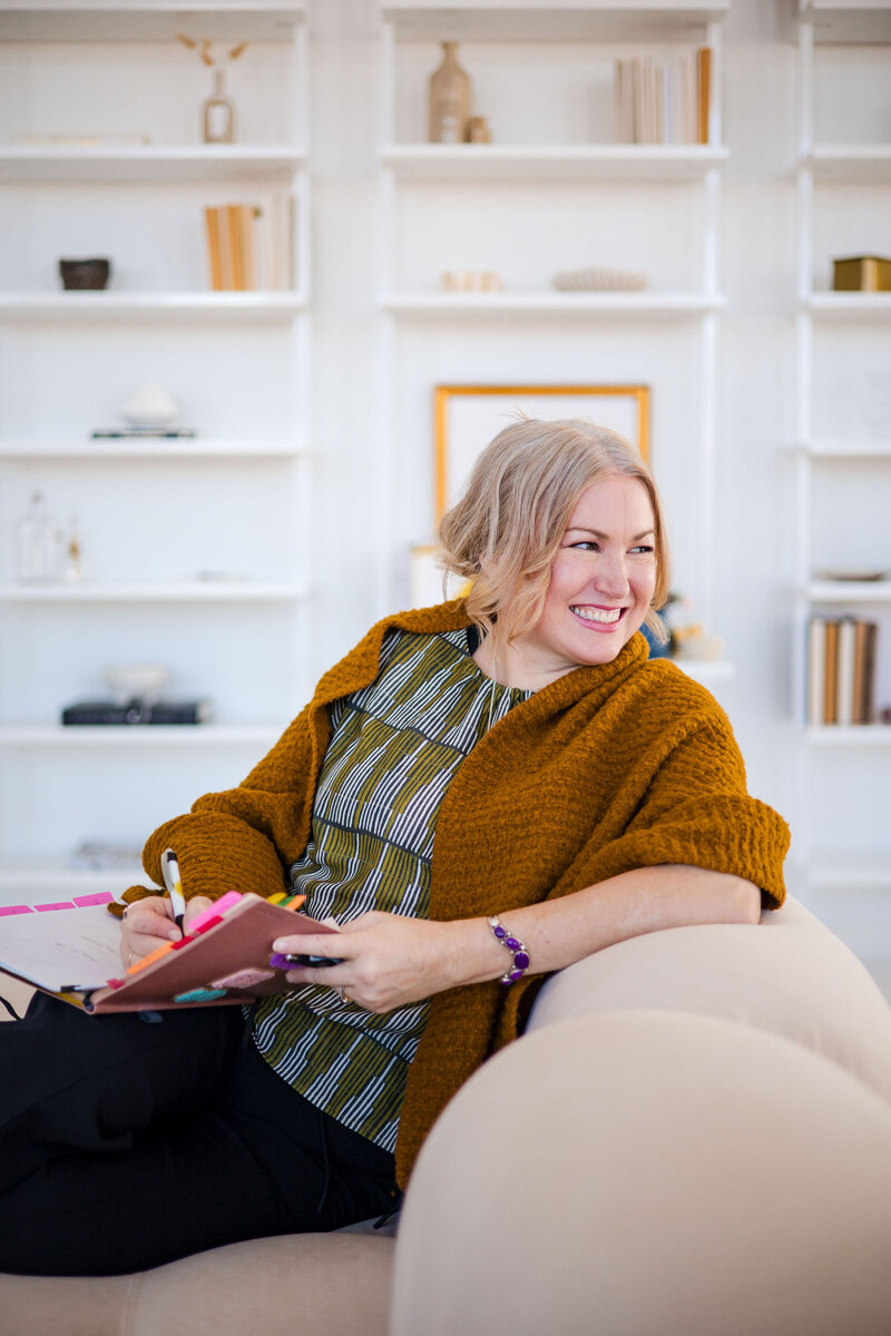 Sarah with a peace sign jacket