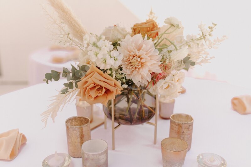 Boho Centerpiece Tablescape - Bre & Chris | Converted Basketball Court Wedding – Featured in Brides Magazine