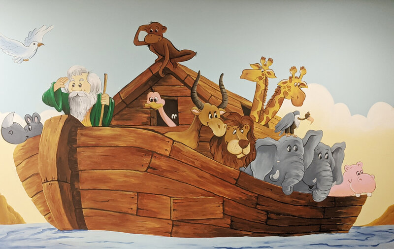 A Noah's Ark mural is painted in Bartlett Chapel's nursery