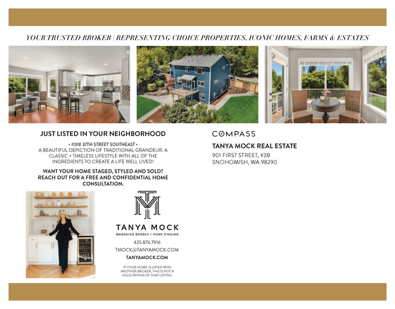 Real estate flyer by Sweet Pea Ink Creative featuring property photos, agent contact info, and details about a recently listed home at 17128 37th Street SE, Snohomish, WA, represented by Tanya Mock Real Estate.
