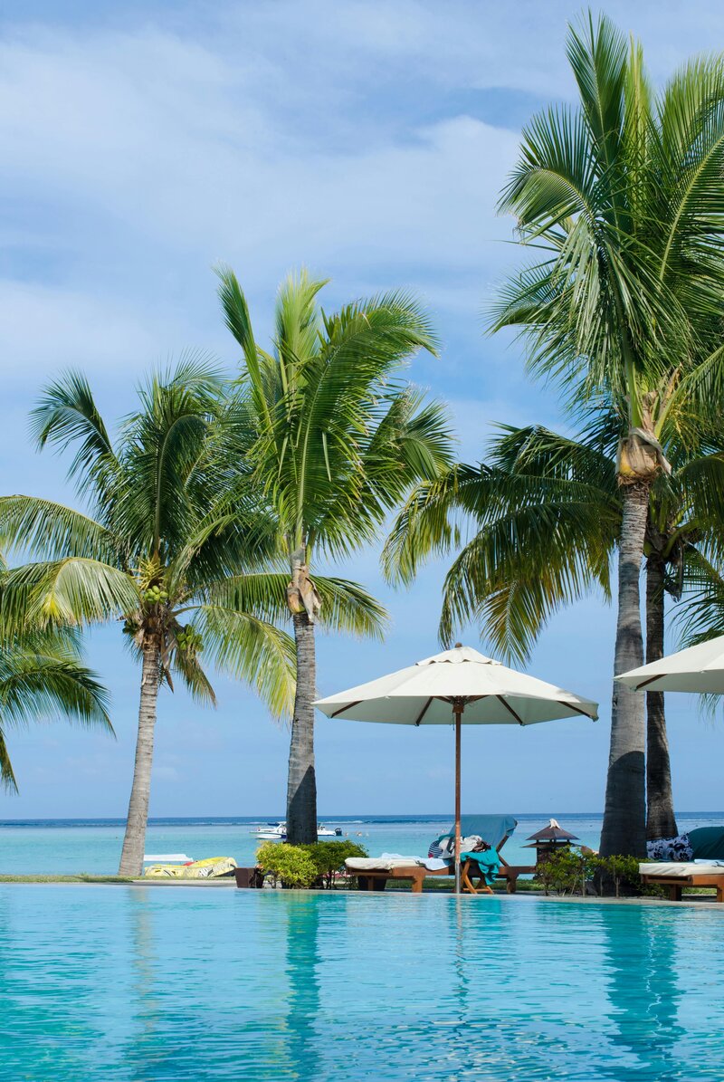 Luxury beachfront resort in Mexico with palm trees and ocean views