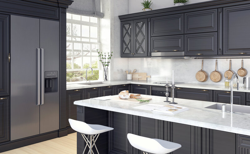 Black cabinetry and kitchen island for modern black and white remodel.