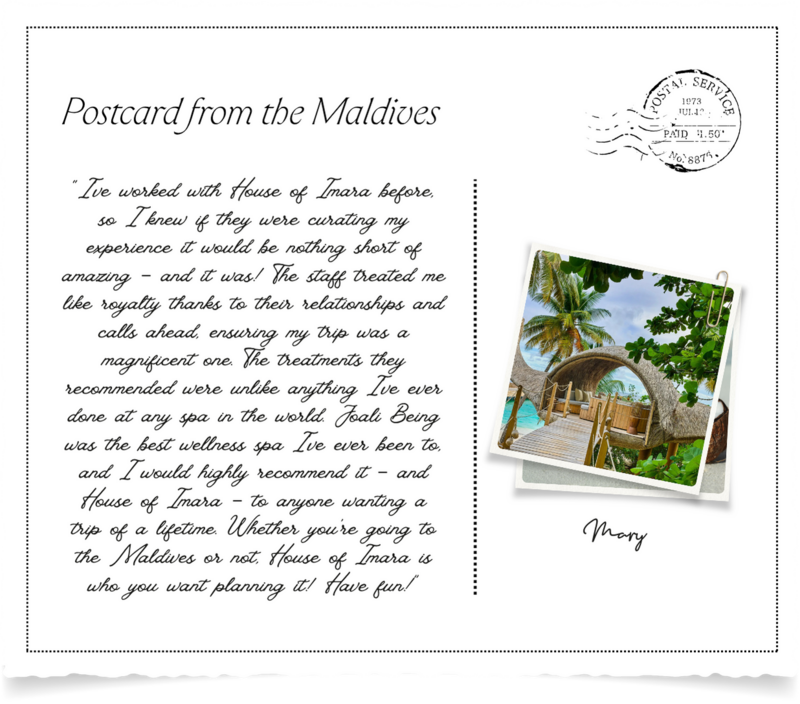 Testimonial postcard from the Maldives featuring guest feedback on a luxury retreat.