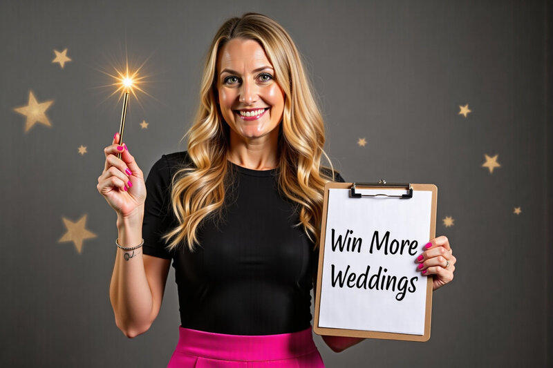 Female wedding business owner holding a clipboard that says, "Win More Weddings".