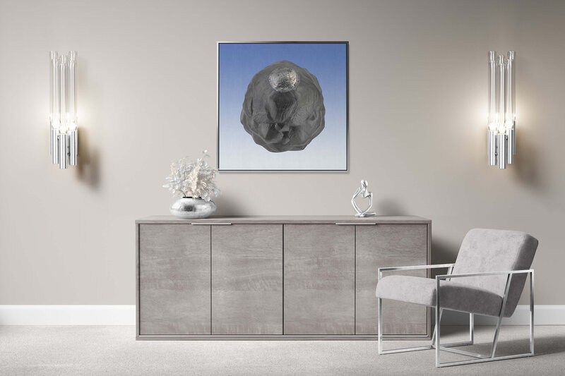 Fine Art Canvas with a silver frame featuring Project Stardust micrometeorite NMM 2679 for luxury interior design