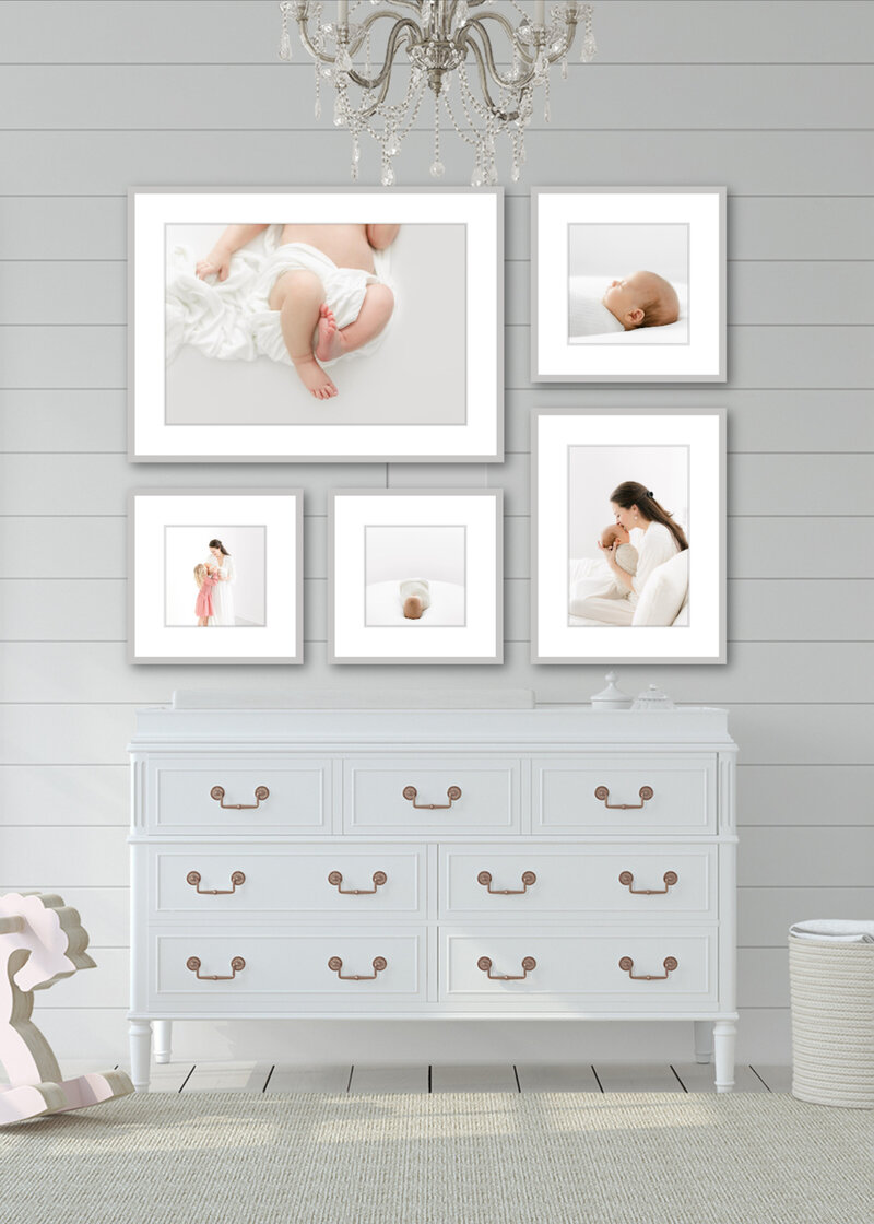 A gallery wall of 5 beautiful frames from a Northern Virginia Newborn Photographer photoshoot