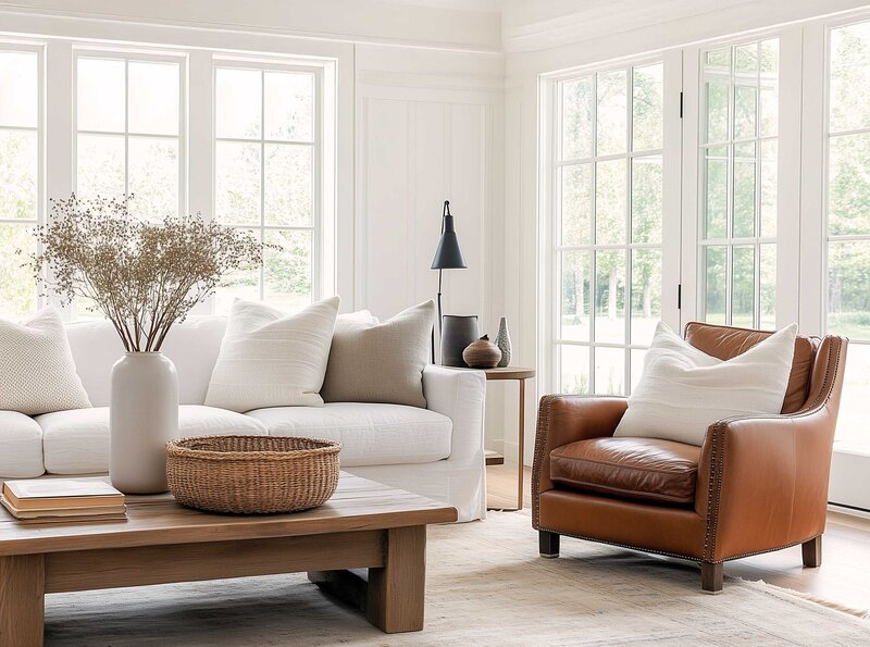 Bright living room with brown leather and cream