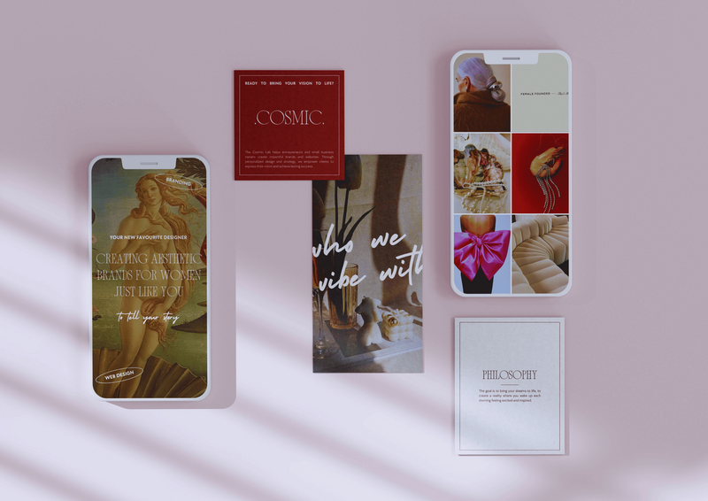 Branding mockup featuring a smartphone displaying a minimalist website design with the text "Your New Favorite Designer" and "Creating Aesthetic Brands for Women Just Like You." Other elements include business cards, a mood board, and a philosophy card.