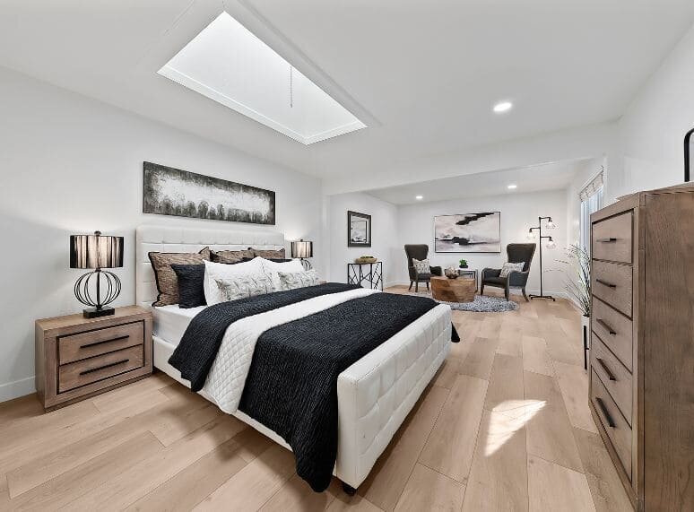 Modern Saratoga primary bedroom staged to sell