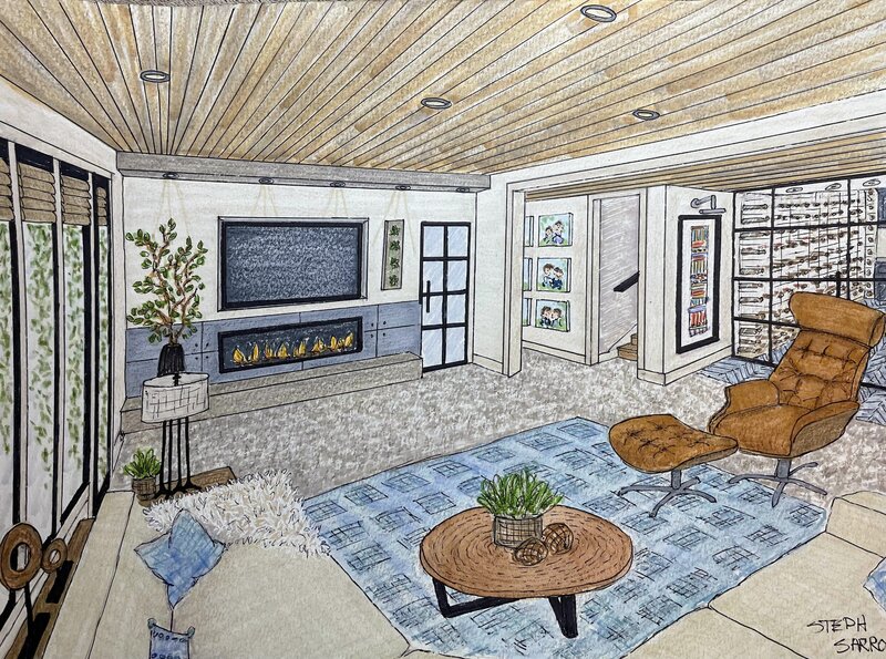 Great room sketch of Manito Cottage project, done by Spokane interior designer Sarro Design.