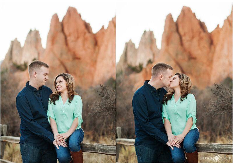 Garden of the Gods Engagment Photographer photographs a couple wearing shades of blue