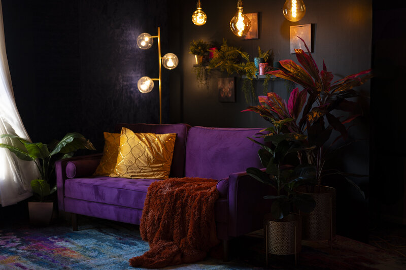 cinematic, amethyst, jewel toned couch set for boudoir sessions