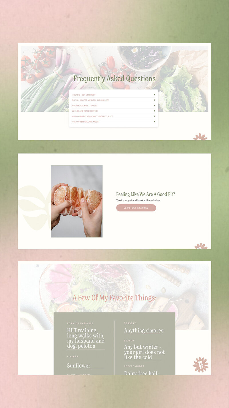 A set of three different website canvases on Gut Health Dietitian, Kerry Conlon's brand new showit website.