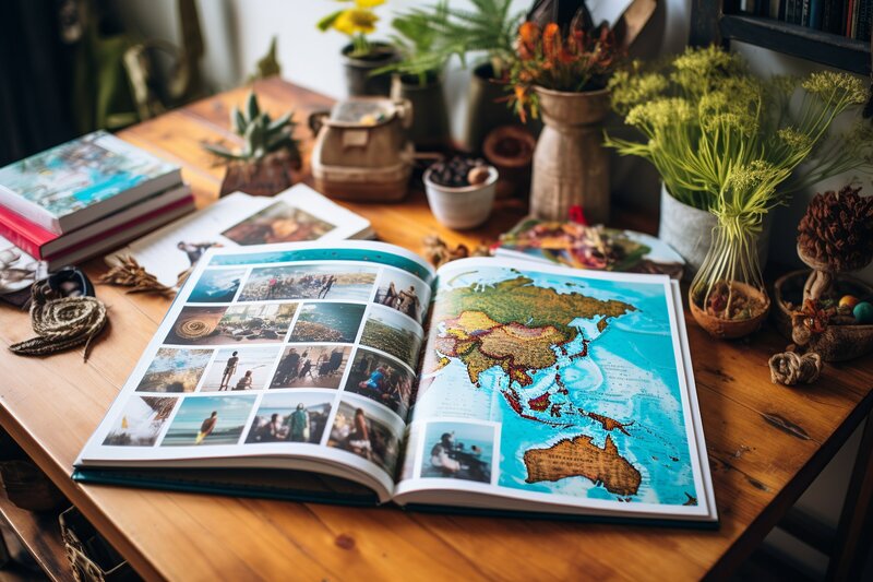 A travel guidebook open to a map, surrounded by plants, emphasizing personalized travel planning and exploration.
