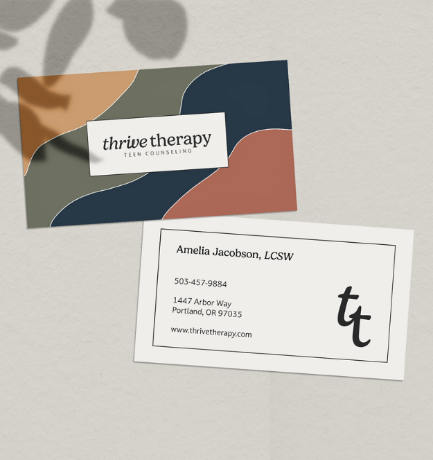 Shows the front and back of a business card design for a teen counseling business called Thrive Therapy