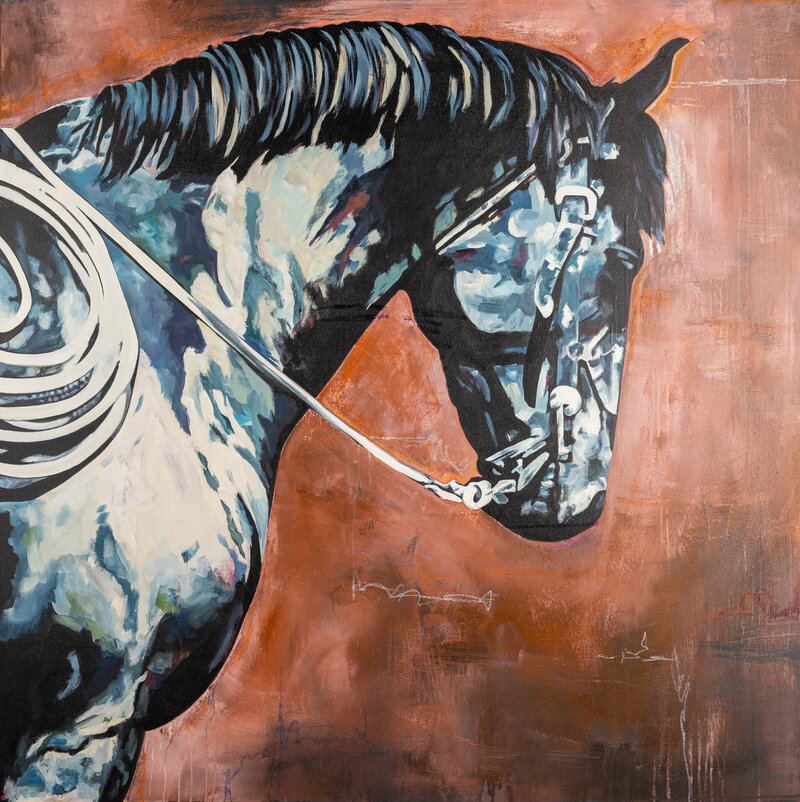 Christen-Horner-Art-Austin-Texas-OriginalPainting-2024-Pulling-My-Weight-48x48-Horse-Blue-Orange-Rust-Navy