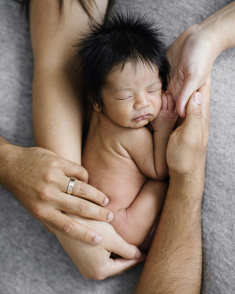 newborn baby with tons of hair , nude cradled in both mum and dads hands in a Perth newborn in home session, Perth lifestyle photoshoot