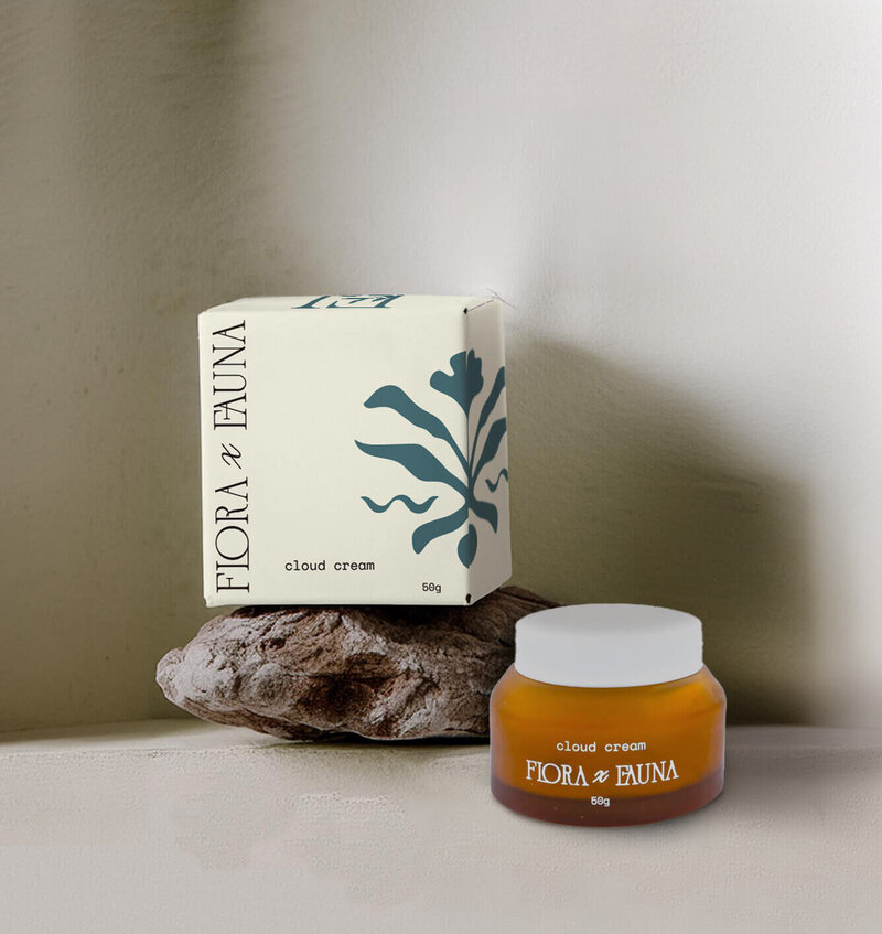 A product shot of Flora x Fauna’s night cream, displayed alongside its elegant packaging. The amber glass jar and nature-inspired box reflect the brand’s focus on natural and sustainable beauty.