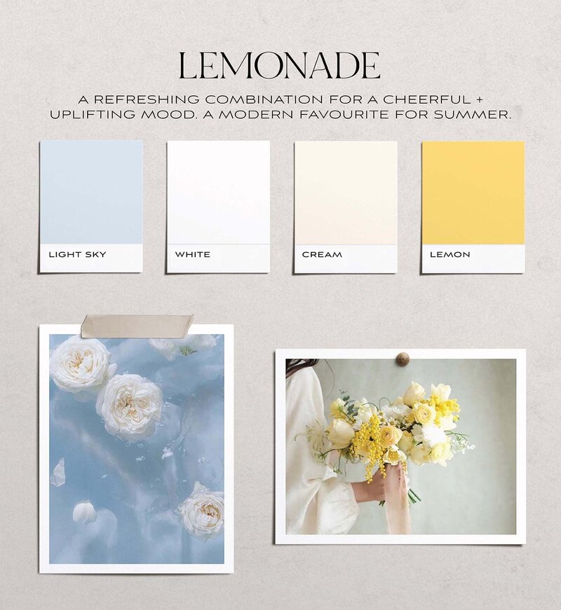 Mood board of lemon and blue colours for a wedding