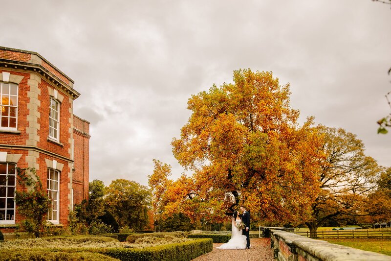 Wedding couple in front of Autumn tree at iscoyd