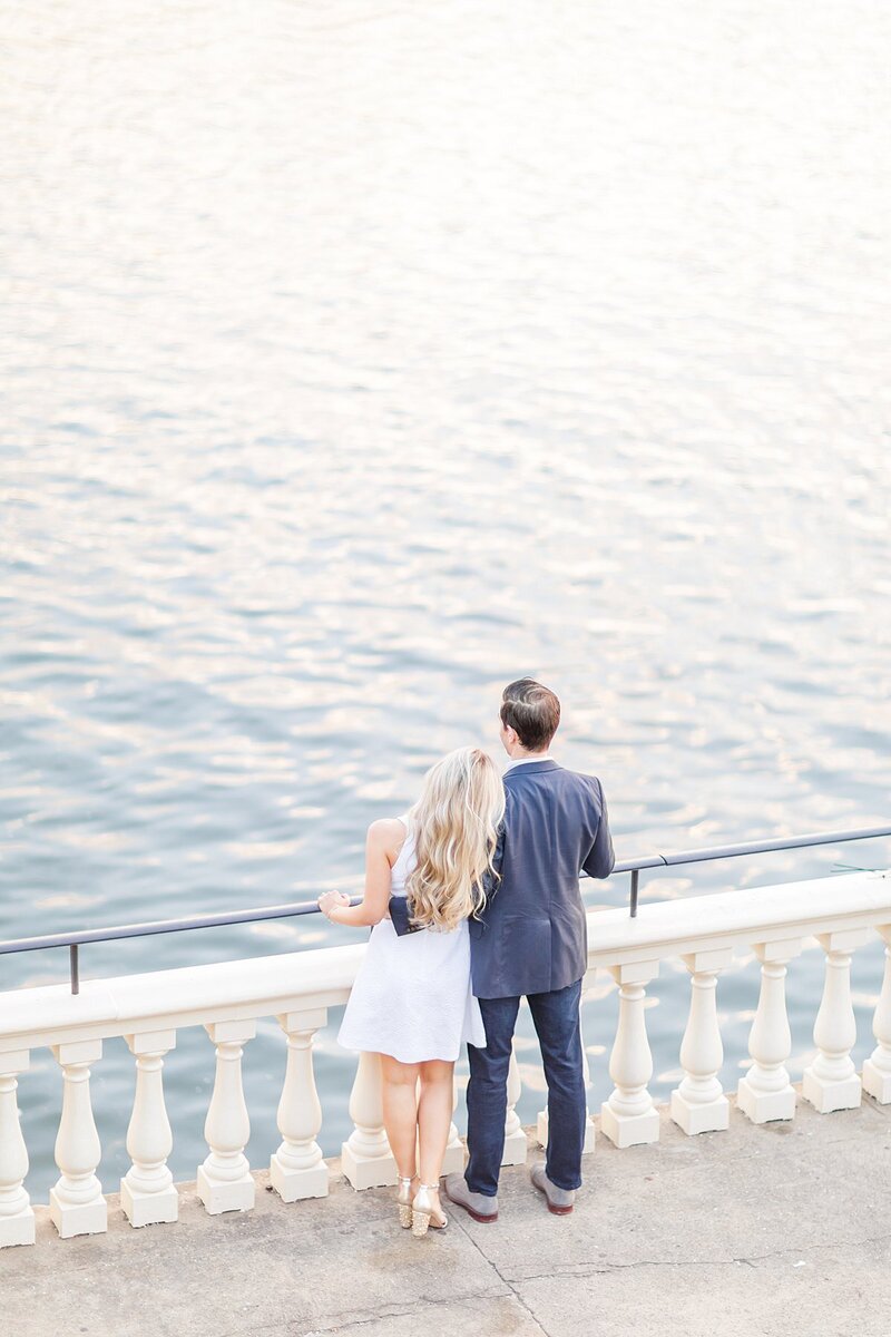 Bride and groom walk up memorial steps at their DC wedding