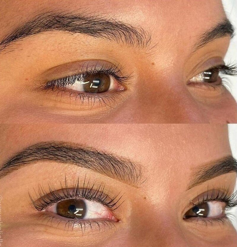 Before and after photo of a women's eyelash lift and tint
