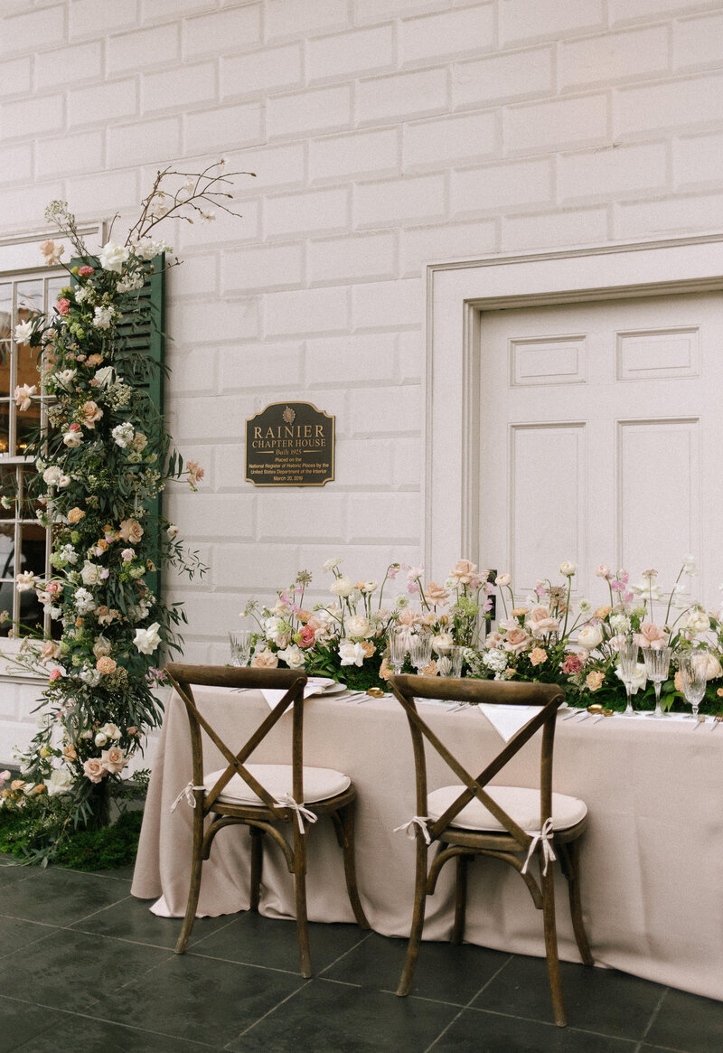 Wedding reception space with floral installations