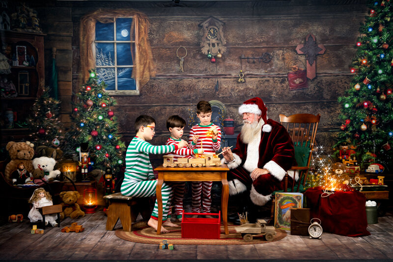 Three Boys Santa Claus Paint Wooden Toys Workshop Magic Bag Magical Memories