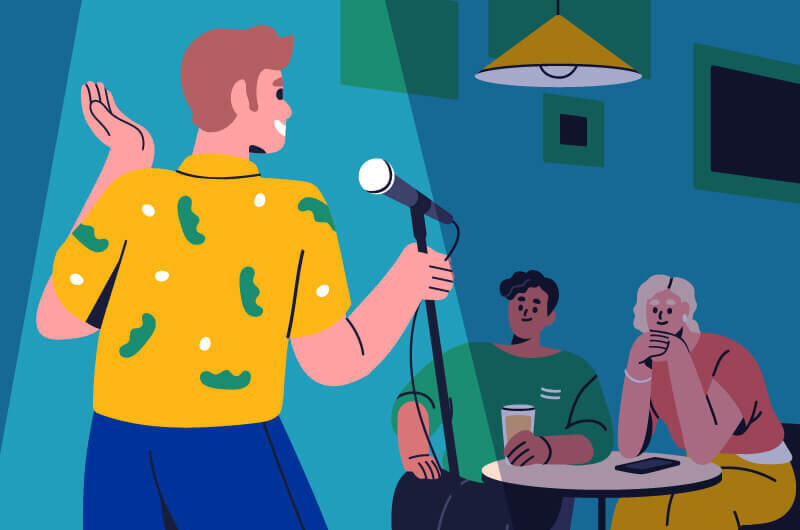 Illustration of a comedian on stage holding a microphone and performing for an audience