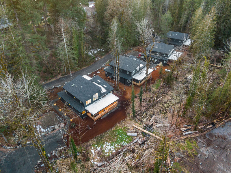 Aerial view of black cabins surrounded by trees